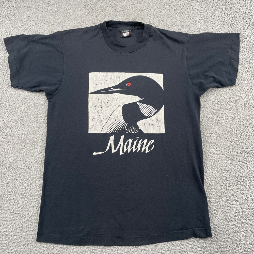 Maine Loon Bird Graphic Vintage 80s USA Screen Stars T-Shirt Mens Large Black